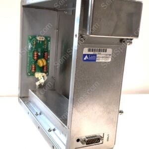 Open metal electronics enclosure exposing a green circuit board with resistors and capacitors; a barcode label and connectors on the side.