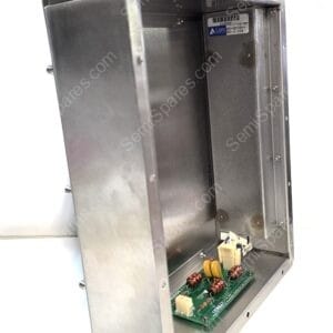 Open metal electronic enclosure exposing a green PCB with numerous resistors and connectors inside; a white plastic connector is visible at the top.