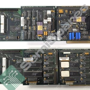 Row of vintage computer circuit boards with edge connectors and numerous integrated chips.