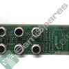 Green PCB with eight round multi-pin DIN connectors in two rows, plus two tall black D-sub sockets and a coaxial connector on the right.