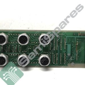 Green PCB with eight round multi-pin DIN connectors in two rows, plus two tall black D-sub sockets and a coaxial connector on the right.