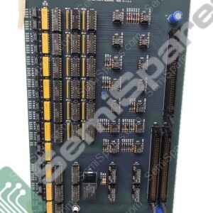 Lam Research circuit board with yellow capacitors and many integrated chips, mounted in a vertical orientation, used in semiconductor equipment.