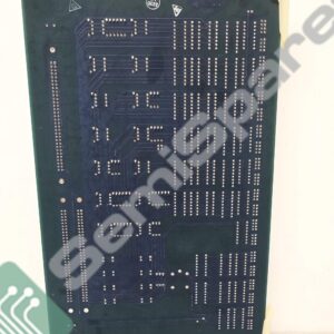 Bottom view of a blue printed circuit board with dense arrays of through-holes and visible traces along the surface assets
