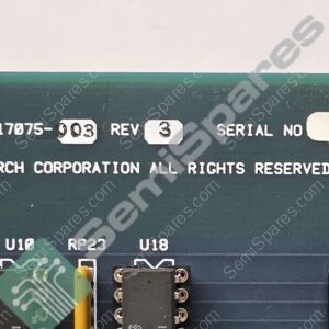Close-up of a dark green circuit board with white text: ASSY 810-017075-003, REV 3, SERIAL NO VT4285180, LAM RESEARCH CORPORATION markings and PCB components nearby