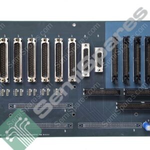 Rear view of a vintage motherboard showing multiple D-sub connectors and edge connectors on a blue PCB, with a connector block in the lower right corner.