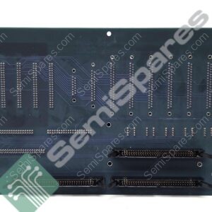 Back side of a dark circuit board with multiple connectors and dense row of through-holes, showing traces and mounting holes around the edges.