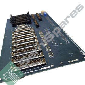 Angled view of a blue PCB showing multiple gold-plated edge connectors and D-sub style ports along the edge, with circuit traces visible