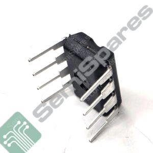 Black plastic four-pin through-hole connector with metal pins extending outward from the housing.