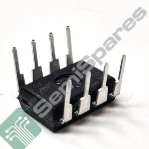 Close-up of a black plastic integrated circuit with multiple metal pins along its sides, photographed at an angle, with a diagonal watermark.
