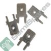 Small dark metal brackets with circular holes and rivet pins, arranged diagonally against a white background.
