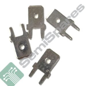 Small dark metal brackets with circular holes and rivet pins, arranged diagonally against a white background.