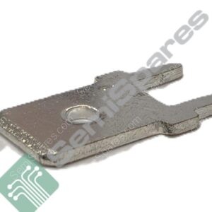 Close-up of a cracked metal clip attached to a green circuit-pattern tag, on a white background.