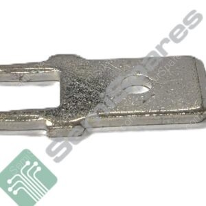 Two-prong metal electrical terminal (spade/quick-disconnect style) with a rectangular body and mounting hole in the center advance piece