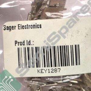 Close-up of a metal electronic component sealed in plastic, with a Sager Electronics label and a barcode; product ID KEY1287 visible.
