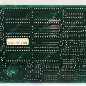 Green PCB with dense solder joints and gold edge connector on the right; yellow connector at top left and a white label reading 9413-764-3288.