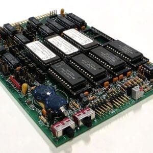 Printed circuit board populated with multiple DIP integrated circuits, connectors, resistors, and capacitors on a green PCB taken from an electronics rack unit.