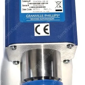 Blue industrial actuator with label reading GRANVILLE-PHILLIPS BROOKS AUTOMATION and CE mark.