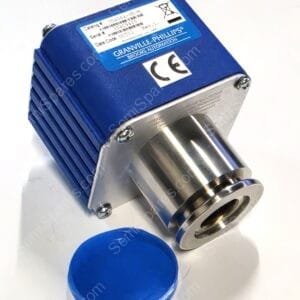 Blue industrial sensor/actuator housing with a metal connector, labeled 'Granville-Phillips Brooks Automation', and a separate blue protective cap nearby