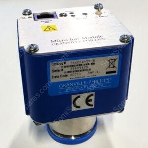 Blue rectangular instrument module with metal top plate labeled 'Micro-Ion Module, GRANVILLE-PHILLIPS' and a warning symbol; has screws and a small connector on top edge.