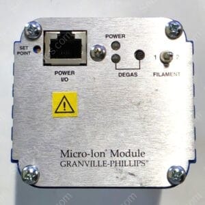 Close-up of a metal control panel from a Granville-Phillips Micro-Ion Module, showing a power I/O RJ-45 port, a 'POWER' LED hole, three degas/indicator holes, and a filament terminal with frame screws; also features a yellow warning label.