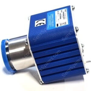 Close-up of a blue industrial motor/gearbox with a silver forward shaft and labeled side panel.