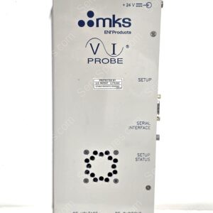 Metal electrical enclosure labeled 'mks ENI Products' with 'VI PROBE' logo and 'RF VOLTAGE'/'RF CURRENT' indicators; vent holes and setup/status area visible.