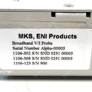 Label on an equipment box reading 'MKS, ENI Products' and 'Broadband V/I Probe' with the serial number Alpha-00005 visible and additional S/N lines.