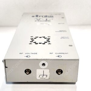 Metal electrical enclosure viewed from above with labeled RF Voltage and RF Current ports and multiple circular connectors on the front panel.