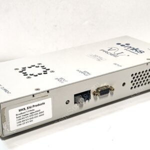 Metallic electronic rack unit with multiple connectors and ventilation holes; label reads MKS, ENI Products on top surface