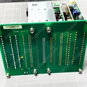 Green PCB with metal shielding, edge connectors, and several mounting standoffs seen from the side in an industrial device.