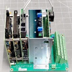 Close-up of a backplane PCB assembly with green boards, edge connectors, and a gray cable loop above it.