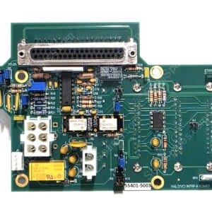 Green PCB with two D-sub connectors (top and left), plus capacitors and ICs, viewed from above.