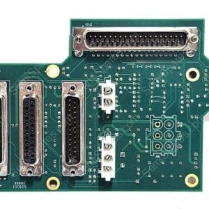 Green PCB populated with several D-sub connectors (including DB-25 style ports along the bottom) and a large multi-pin connector at the top, with gold mounting holes visible at the corners.