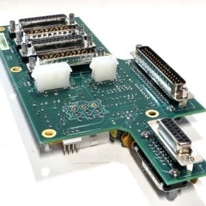 Green PCB with multiple metal D-sub connectors (DB-style) and a long edge connector, viewed at an angle.
