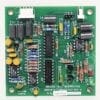 Green printed circuit board with multiple integrated circuits, resistors, capacitors, and white labeled connectors; text includes 'GROUND FAULT INTERRUPTER'.
