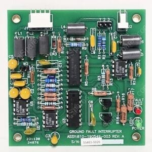 Green printed circuit board with multiple integrated circuits, resistors, capacitors, and white labeled connectors; text includes 'GROUND FAULT INTERRUPTER'.