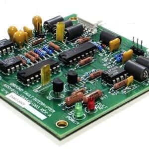 Close-up of a green printed circuit board with resistors, capacitors, ICs and connectors.
