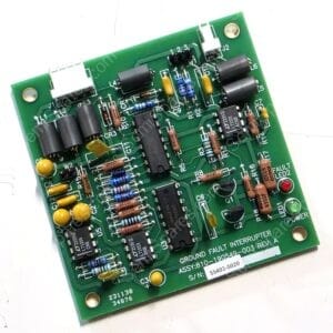 Close-up of a green printed circuit board densely populated with resistors, capacitors, and connectors.
