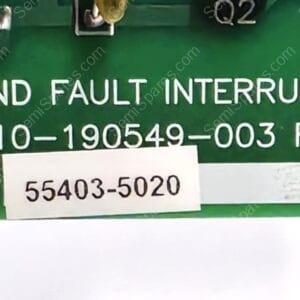 Ground fault interrupter label with part and serial numbers on a green circuit board