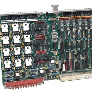 Large industrial circuit board with densely packed chips, capacitors, and a red edge connector along the bottom edge, populated with connectors and components.
