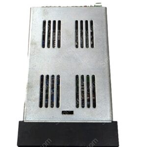 Metal electronic enclosure with two rows of vertical vent slots and a black base at bottom, viewed top-front corner.