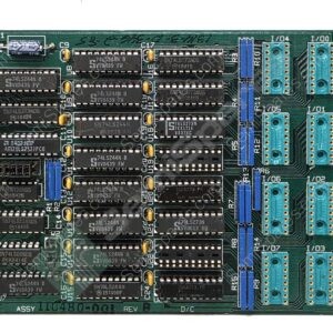 Printed circuit board (ISA-like expansion card) with many DIP ICs and blue connector sockets along the right edge, and a gold edge connector on the left.