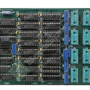 Printed circuit board (ISA-like expansion card) with many DIP ICs and blue connector sockets along the right edge, and a gold edge connector on the left.