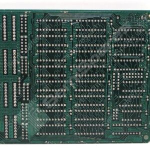 Green printed circuit board (PCB) viewed from the edge, showing dense solder joints and routing traces with a gold-edge connector on the right side