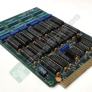 Circuit board with many DIP ICs and blue connectors, edge connector on the right, likely a vintage computer expansion card