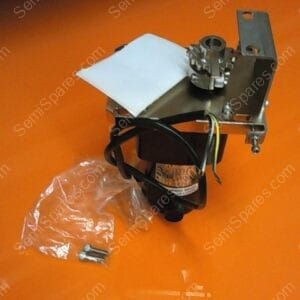 Small electric motor with metal mounting bracket, gear assembly on top, and attached wires; screws in a plastic bag beside it on an orange surface far background.
