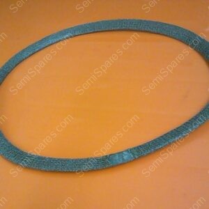 Blue abrasive sanding belt formed into a circle on an orange surface