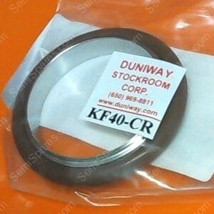 Black O-ring in a sealed plastic bag on an orange surface, labeled KF40-CR from Dunway Stockroom.