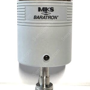 MKS Baratron pressure transducer with a gray body and red hose connection at the bottom.