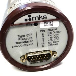 Close-up of a Baratron pressure transducer with a D-sub connector at the bottom. (MKS brand)